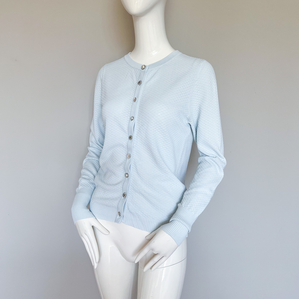 ZARA Light Pastel Blue Cardigan Jewel Button Up Long Sleeve M Textured Weave